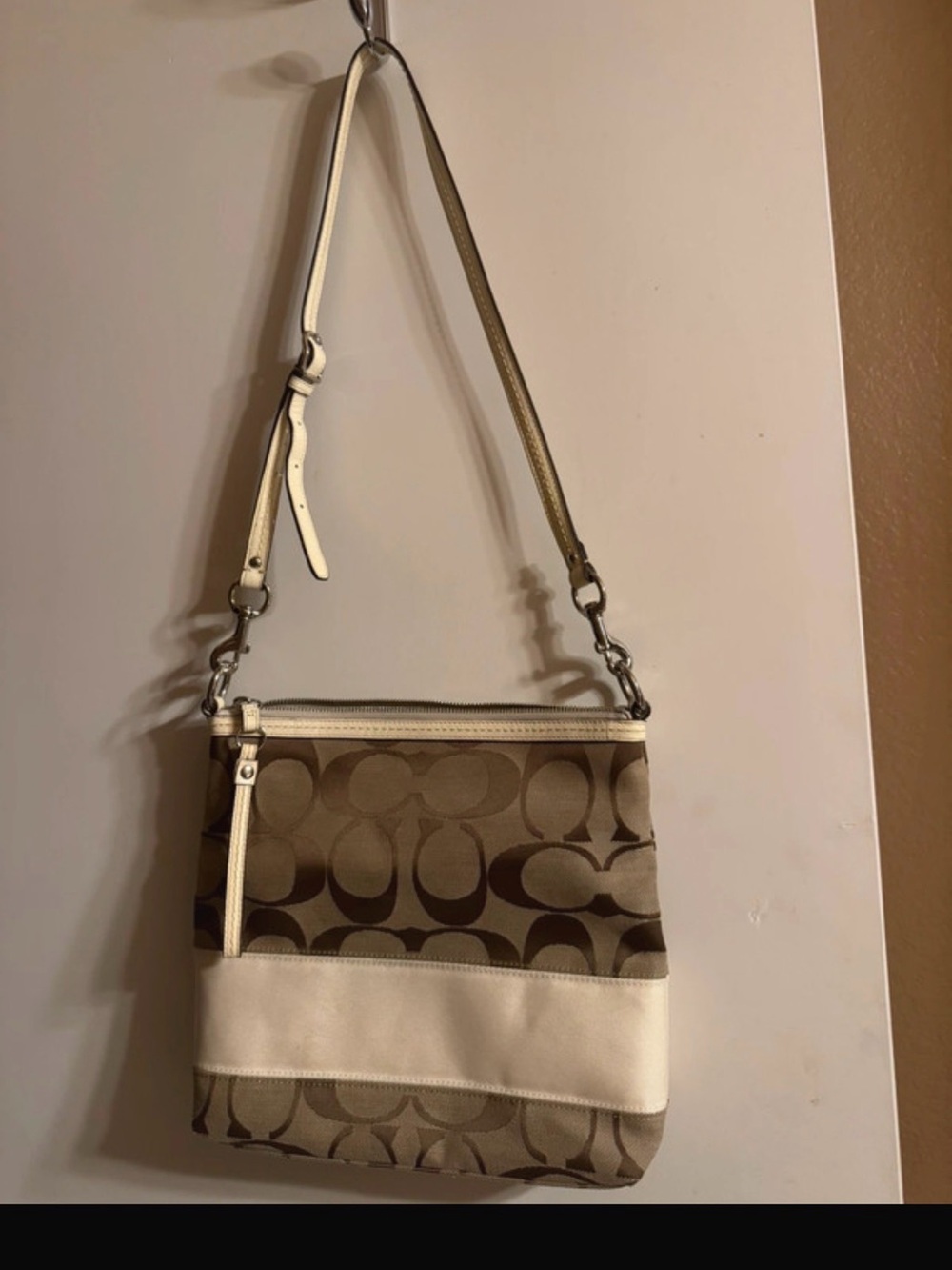 Coach Khaki Signature Canvas Crossbody with Chalk Trim